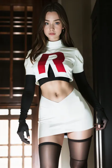 brandygordon, team rocket,team rocket uniform, red letter r, white skirt,white crop top,black thigh-highs, black elbow gloves,