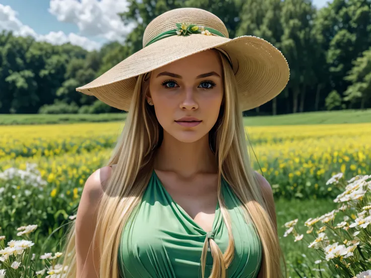 (wide angle, best quality, highres, ultra-detailed), a beautiful blonde woman in a green dress and hat in a flowery field, beautiful maiden, beautiful reality maiden, beautiful reality art portrait, beautiful reality portrait, matte painting portrait shot,...