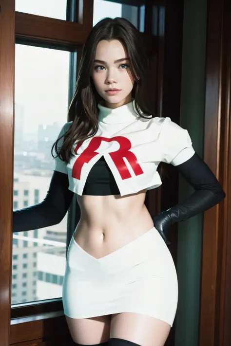 brandygordon, team rocket,team rocket uniform, red letter r, white skirt,white crop top,black thigh-highs, black elbow gloves,