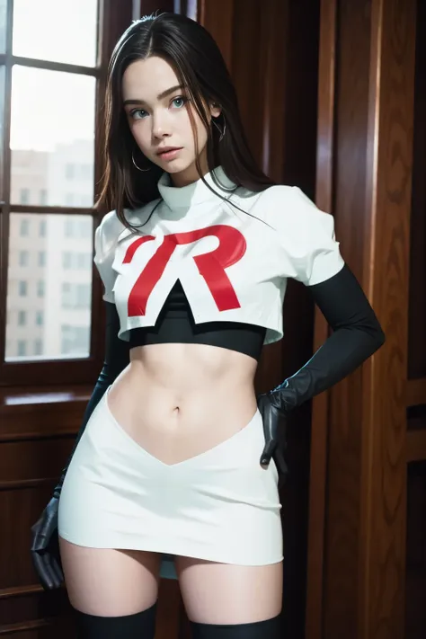 brandygordon, team rocket,team rocket uniform, red letter r, white skirt,white crop top,black thigh-highs, black elbow gloves,