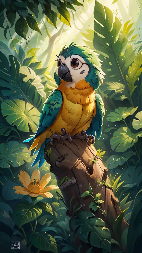 A cute parrot，playing on the brancheront view, close up, Pixar cinematic style, best quality, movie stills, very cute, big eyes, Bright Eyes,  Birds and flowers around,  Rainforest, cute digital painting, Lovely and detailed digital art,