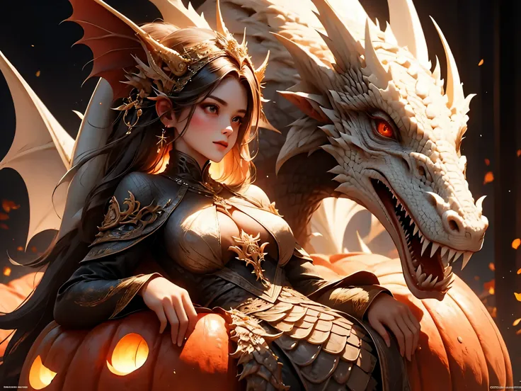 (best quality, ultra-detailed, photorealistic:1.37), 3D rendering, A girl carving a dragon sculpture on a pumpkin, detailed eyes, detailed lips, long eyelashes, focused expression, beautiful appearance, flowing hair, intricate dragon design, realistic text...