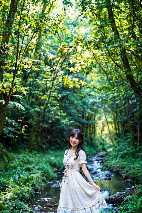 fantasy atmosphere photos、Japanese woman wearing a cute dress、In the forest where a stream flows、looking at the sky and smiling、Detailed photo quality