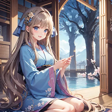 light brown hair、long hair、black kimono、confused、beautiful, delicate and detailed light blue eyes、beautiful smile with attention to detail、profile、turn around、;d、beautiful, delicate, flowing, fluffy hair、beautiful delicate and detailed hands、very delicate ...