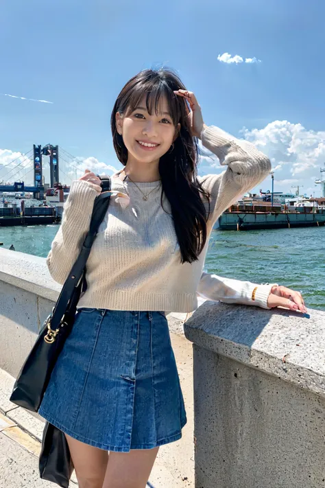 fantasy atmosphere photos、Japanese women in urban fashion、Looking at the sky at the port and smiling、Detailed photo quality