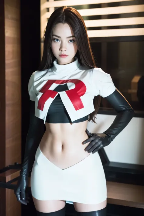 brandygordon, team rocket,team rocket uniform, red letter r, white skirt,white crop top,black thigh-highs, black elbow gloves,