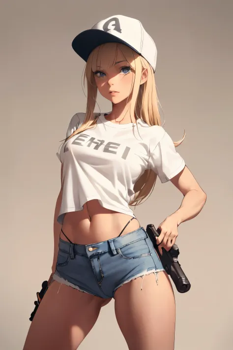 Close-up shot of a woman wearing a white T-shirt and micro denim hot pants holding a gun in both hands, blonde long hair, baseball cap, small details. female action girl, full body portfolio, shooting gun action, big ass, ((Panties that dig into the crotch...