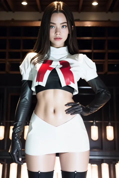 brandygordon, team rocket,team rocket uniform, red letter r, white skirt,white crop top,black thigh-highs, black elbow gloves,