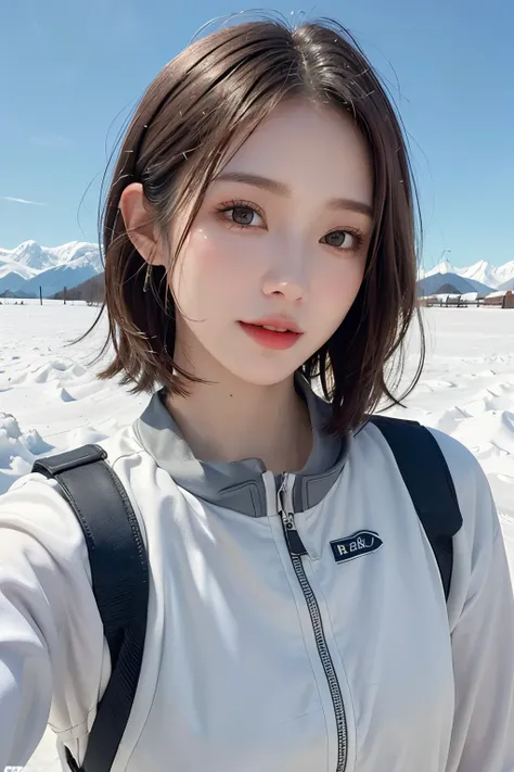 highest quality、masterpiece、ultra high resolution、(real:1.4)、Beautiful woman１、Beautiful details of eyes and skin、smile、light brown short cut hair、The perfect spacesuit、Gray sky、Snow Planet、