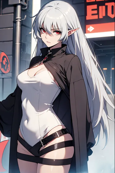 (((leashed))),alice,vampire,grey hair, long hair, red eyes, pointy ears, small breasts