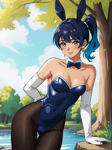 sena, side pony tail, navy blue hair ,1girl, solo, small breasts, ,earrings glossy lips ,looking at viewer, blush, large breasts, nature, pond, trees, park, long white elbow satin gloves, holding, animal ears, cleavage, bare shoulders, jewelry, very l, gen...