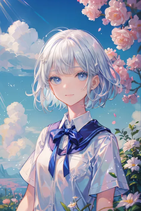 1 girl，(white) short hair，blue eyes，school uniforms，super cute，(introvert) and shy，small breast，thin and small，((feel happy))，flowers，表情自然的