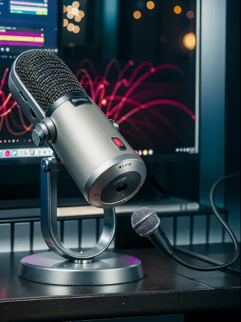 a close up of a microphone on a desk near a computer, sitting in front of a microphone, microphone, standing microphones, studio...