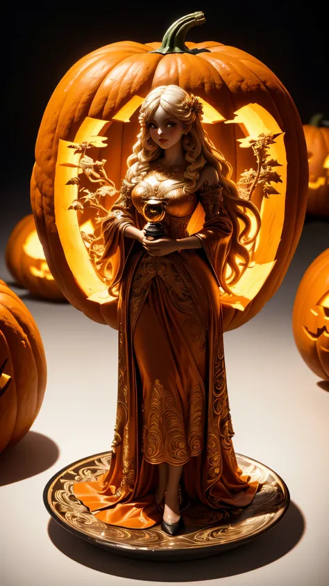 (A carving of a cute girl standing inside a large pumpkin:1.1),(whole body),Beautiful long-haired girl,retro long skirt,16k,Orange,relief, and honest background:on the plate on the dining table,Fruit carving,food engraving,Three-dimensional engraving,food ...