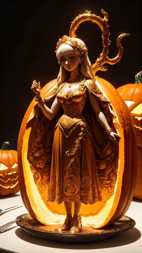 (a carving of a cute girl standing inside a large pumpkin：1.1），（miniature whole body），beautiful long-haired girl，retro long skir...