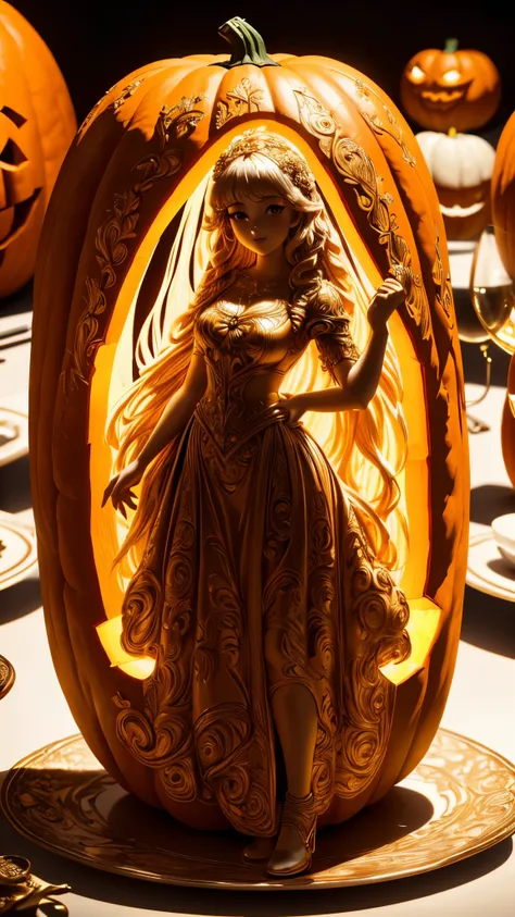 (A carving of a cute girl standing inside a large pumpkin：1.1），（miniature whole body），Beautiful long-haired girl，retro long skirt，16k，Orange，relief， and honest background：on the plate on the dining table，Fruit carving，food engraving，Three-dimensional engra...