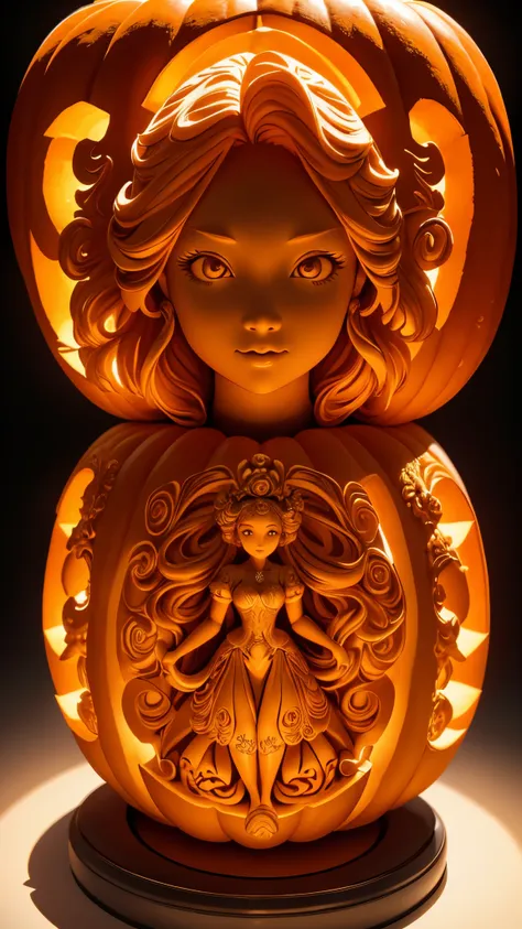 (a cute girl sculpture carved from a large pumpkin: 1.1), (full body), beautiful long haired girl, retro long skirt, 16k, orange...