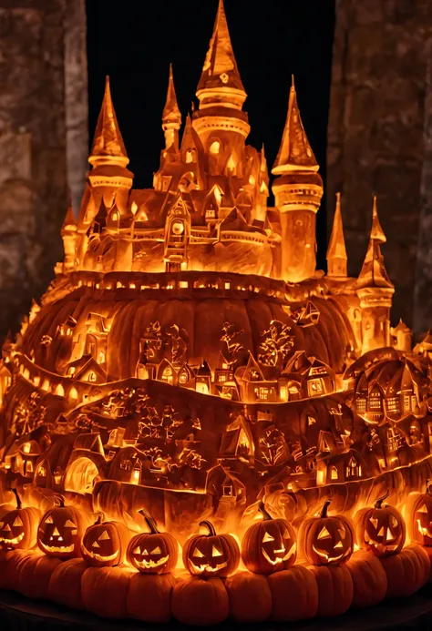 pumpkin carving, pumpkin carving art, подробные castles, carved from pumpkin, (on the table there is a composition of several lo...