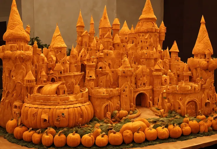 pumpkin carving, pumpkin carving art, подробные castles, carved from pumpkin, (on the table there is a composition of several lo...