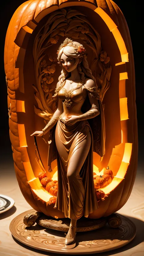 (A carving of a cute girl standing inside a large pumpkin:1.1),(miniature whole body),Beautiful long-haired girl,retro long skirt,16k,Orange,relief, and honest background:on the plate on the dining table,Fruit carving,food engraving,Three-dimensional engra...