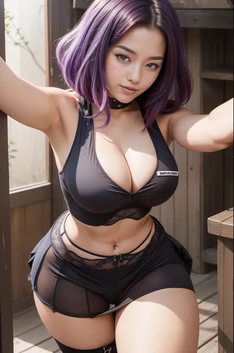 photograph of-realistic (1 Royal Sister Korean star) hair slicked back, White skin, thin makeup, 32 inch breast size, A slight smil, Wear a purple patterned camisole jacket, Stand in front of the hut, Full body portrait, hyper HD，Cocked buttocks, big tits:...