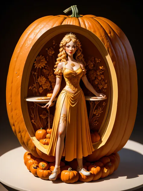 (a carving of a cute girl standing inside a large pumpkin：1.1），（miniature whole body），beautiful long-haired girl，retro long skir...