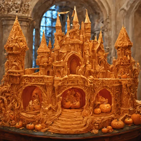 Pumpkin carving, Pumpkin carving Art, Detailed carved pumpkin castle, (there is a lock on the table, carved from pumpkin), (The carved pumpkin castle is very detailed and highly detailed.)