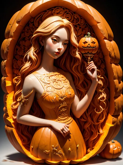 (A carving of a cute girl standing inside a large pumpkin:1.1),(miniature whole body),Beautiful long-haired girl,retro long skirt,16k,Orange,relief, and honest background:on the plate on the dining table,Fruit carving,food engraving,Three-dimensional engra...