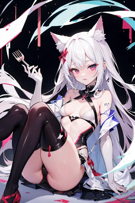 1 girl,White头发，Cat ear，Fork the legs，，White