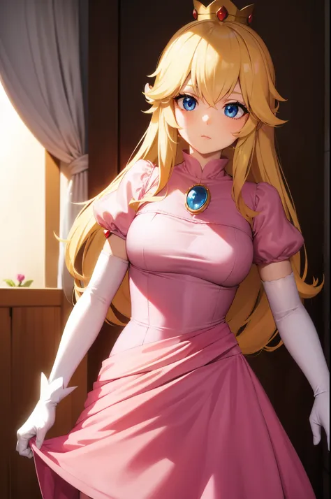 princesspeach, princess peach, blonde hair, blue eyes, long hair,
break crown, dress, gem, gloves, pink dress, puffy short sleev...