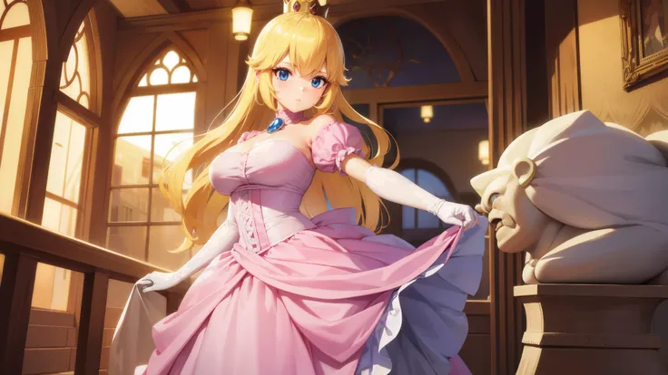 princesspeach, princess peach, blonde hair, blue eyes, long hair, break crown, dress, gem, gloves, pink dress, puffy short sleev...