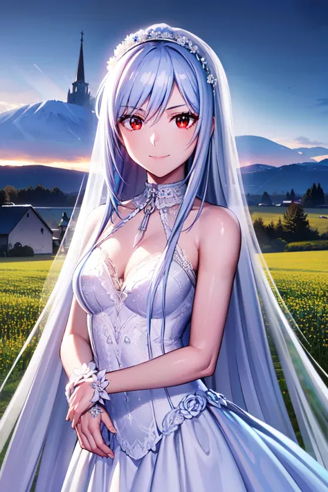 1 Women, 28 years old, Long bright silver hair, red eyes with slit pupils, master-piece, best quality, proportional body, proportional, Wedding Dresses, Long skirt, (((White Wedding Dresses))), ((Meadow with a view of a small church)), ((snowstorm of flow...