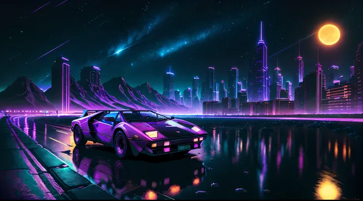 retrowave. city, 1982 lamborghini countach 500 S, road,  purple neon lights, sun, mountain, 
(masterpiece,detailed,highres),