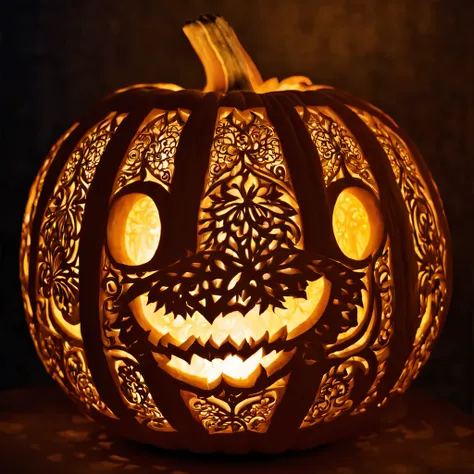 pumpkin carving, pumpkin carving art, jack-o-lantern with beautiful elegant carving, the pumpkin is carved with beautiful, subtl...