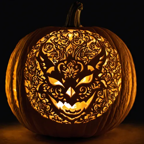 pumpkin carving, pumpkin carving art, jack-o-lantern with beautiful elegant carving, the pumpkin is carved with beautiful, subtl...