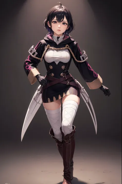 masterpiece, best quality, femorgan, short dress, black gloves, white thighhighs, brown boots, standing, feh, whole body, black ...