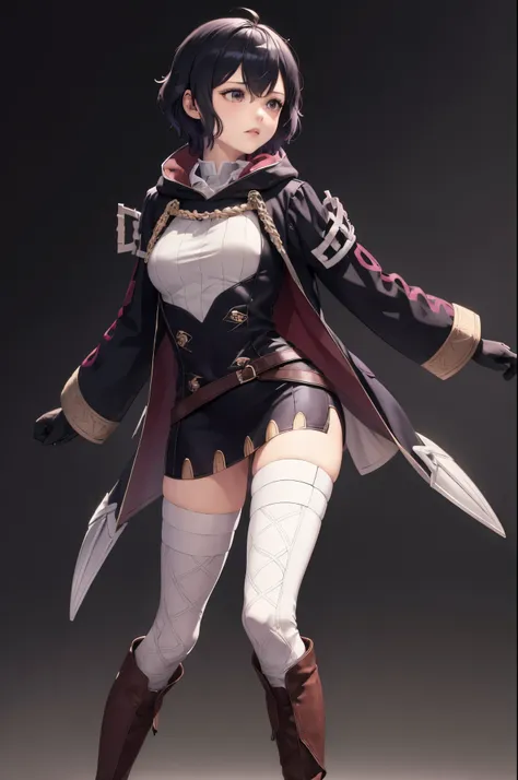 masterpiece, best quality, femorgan, short dress, black gloves, white thighhighs, brown boots, standing, feh, whole body, black ...