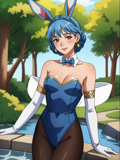 marianne von edmund, brown eyes, blue hair ,1girl, solo, small breasts,  ,earrings ,glossy lips ,looking at viewer, blush, large breasts, nature, pond, trees, park, long white elbow satin gloves, holding, animal ears, cleavage, bare shoulders, jewelry, ver...