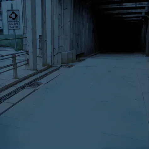 anime environment, entry way to a dark tunnel on a highway / street, ground is stone slabs, railing on the left, drain underneath, sign top left, 