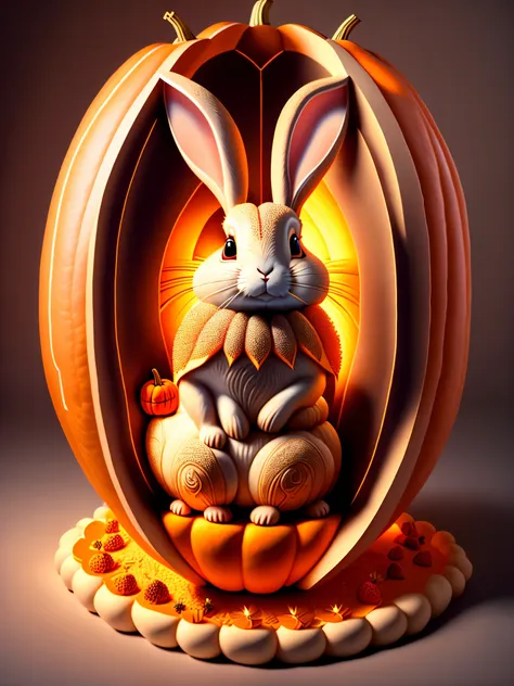 (a rabbit carved inside a large pumpkin: 1.1),,, 16k, relief, sturdy background: fruit carving, food carving, 3d carving, food s...