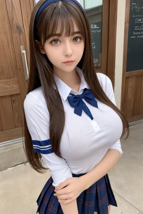 masterpiece, high quality, high resolution, perfect anatomy, nsfw, 1 girl, beautiful face, (big eyes), (dolly eyes), tareme, small face, large breasts, thin waist, long hair, bangs, school uniform.