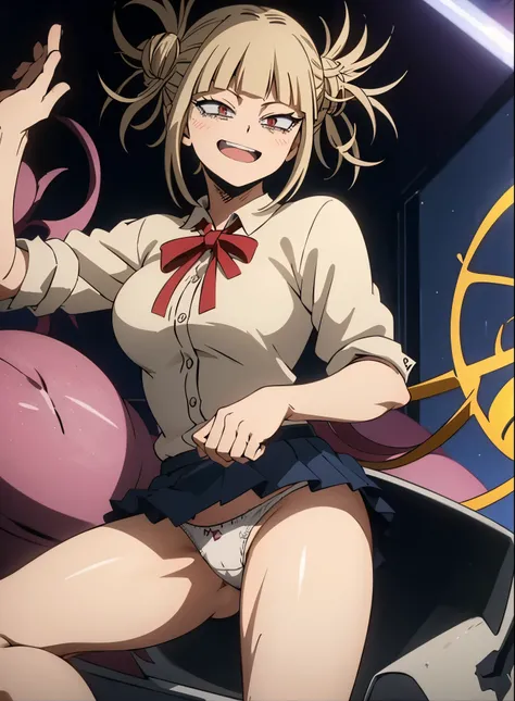 my hero academia、Himiko Toga、Super high quality、8K.1 person or less、blonde((alone, 1 girl)), shining eyes, big and full breasts, High resolution, best lighting, highly detailed illustrations, blush, embarrassing, smile, , Realistic white panties, crotch se...