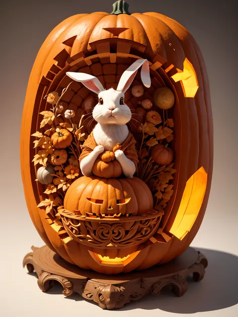 (A rabbit carved inside a large pumpkin: 1.1),,, 16k, relief, sturdy background: fruit carving, food carving, 3D carving, food sculpture design, rotation, interior carving, micro carving, classicism, depth of field, ultra-high definition, masterpiece, prec...