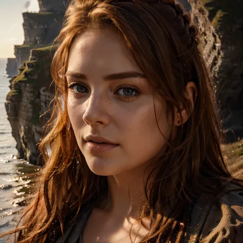 RAW uhd portrait of 24-year-old blonde close-up, Natural red hair, castles, Wavy, (brown-eyed woman) A captivating sunset at the Cliffs of Moher, where the rugged cliffs are bathed in warm, golden light. The sun dips below the horizon, casting a mesmerizin...