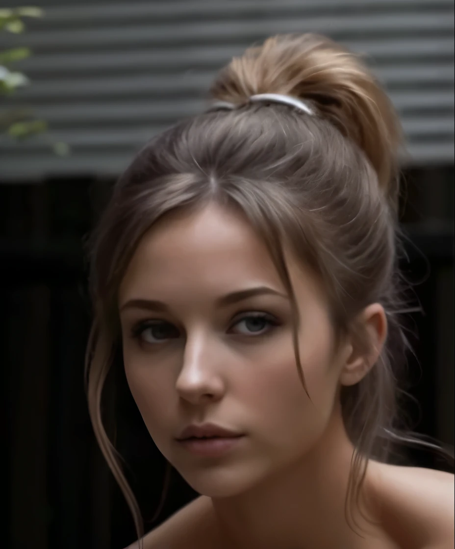 Arafed woman with ponytail and white shirt posing, Portrait of Sophie Mudd, nodded, girl with messy bun hairstyle, lock of hair, hair собраны в пучок, Anna with a weapon portrait, hair, collected in a bun, Tight bun, Anna with a weapon, Chloe Bennett, Look...