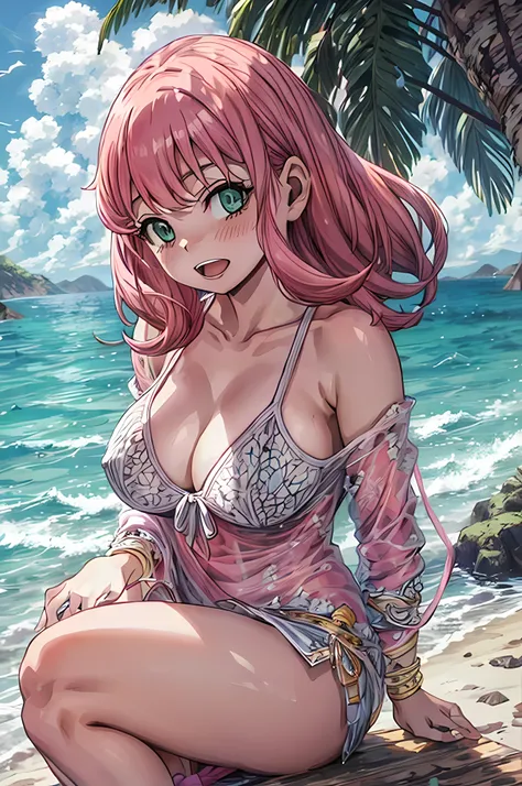 pink hair、woman、adult、green eyes、open your mouth、cute、on the beach、Clear skies、sun、big boobs、sexy、Transparent、calm