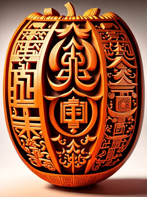 (the interior of a large pumpkin  carved with auspicious characters: 1.1), various fonts of chinese characters, including auspic...