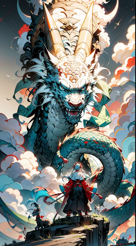 Dragon as big as a mountain，Devour the sun and moon, Its figure appears in the clouds, Black water  raging, (Waves rush into the sky), fairy mountain island, (Pavilion in mid-air cloud), ((clouds)), roar, fiercely, ((Chinese mythology)), high quality, Supe...