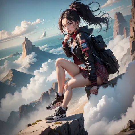 High Quality, An 18 Year Old Girl, On Top Of A Mountain, Long Hair Flying, Punk Style, Punk Style Meets Tradition, High Quality, 8k, 8K,-- Auto   --auto --s2