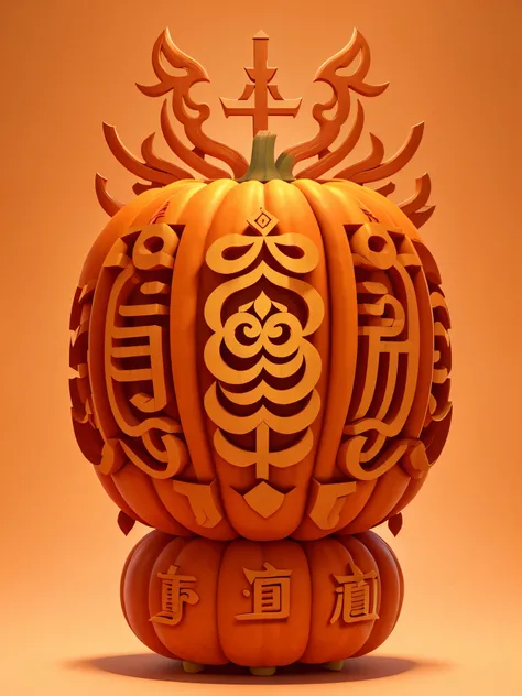 (The interior of a large pumpkin  carved with auspicious characters: 1.1), various fonts of Chinese characters, including auspicious characters in regular script, clerical script, seal script, oracle bone script, 16k, relief, solid background: fruit carvin...